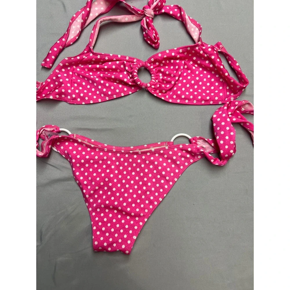 Skinny Dip Pink Polka Dot Halter Bikini Set O-Ring Side Tie Swimsuit Women M